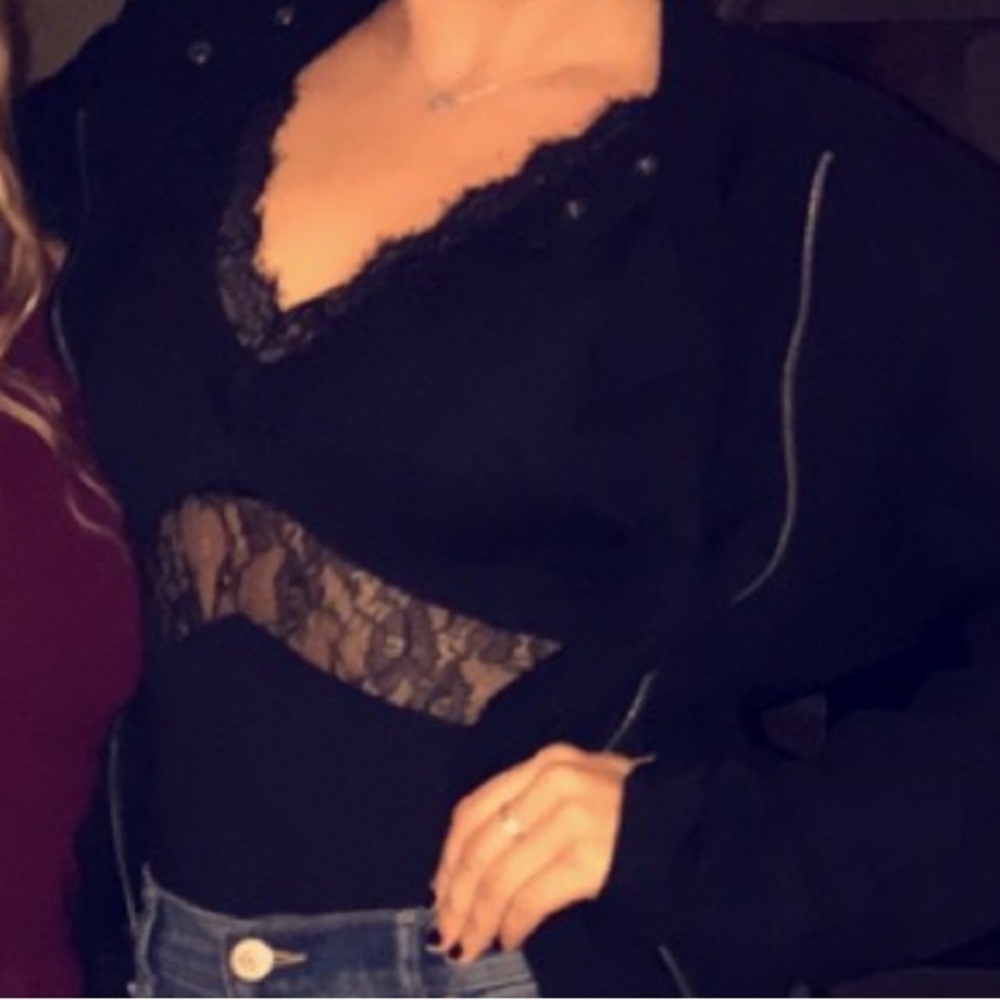 H&M Sexy Black Lace Trim Bodysuit size 8 fits like an M